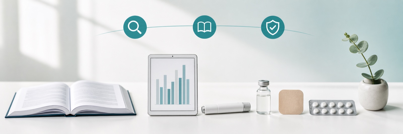 Peptide and GLP-1 research desk with a reference book, tablet showing a chart, unbranded weekly injector pen, glass vial, hormone patch and blister strip of tablets