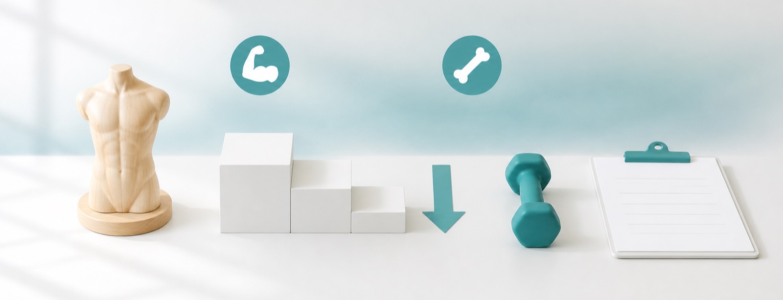 Body composition on GLP-1 medications: anatomical torso model, descending blocks, dumbbell and clipboard with muscle and bone icons