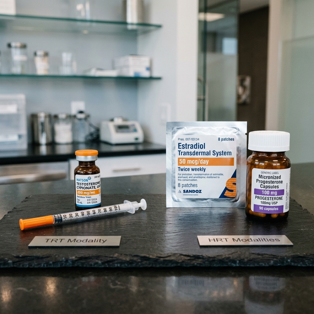Medical clinic display showing testosterone cypionate vial, syringe, estradiol patch package, and progesterone capsules side by side