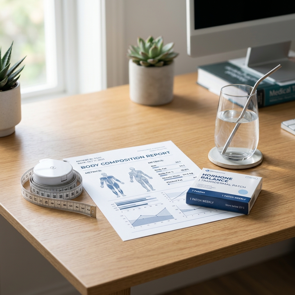 Modern medical desk featuring body composition report, measuring tape, transdermal hormone patch box, and water glass