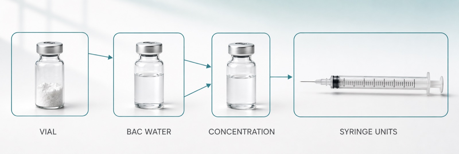 Diagram of the peptide calculator conversion chain from vial strength and BAC water to concentration, injection volume and U-100 syringe units