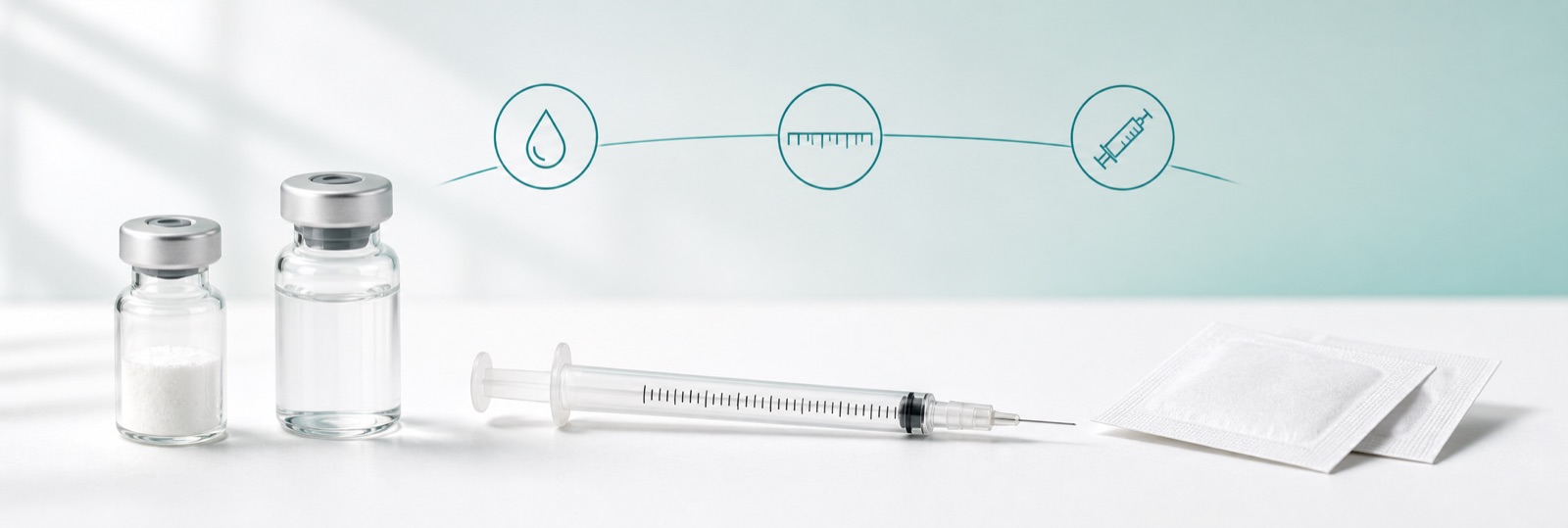 Glass peptide vial, bacteriostatic water vial and U-100 insulin syringe with a labelled unit scale arranged on a clean surface