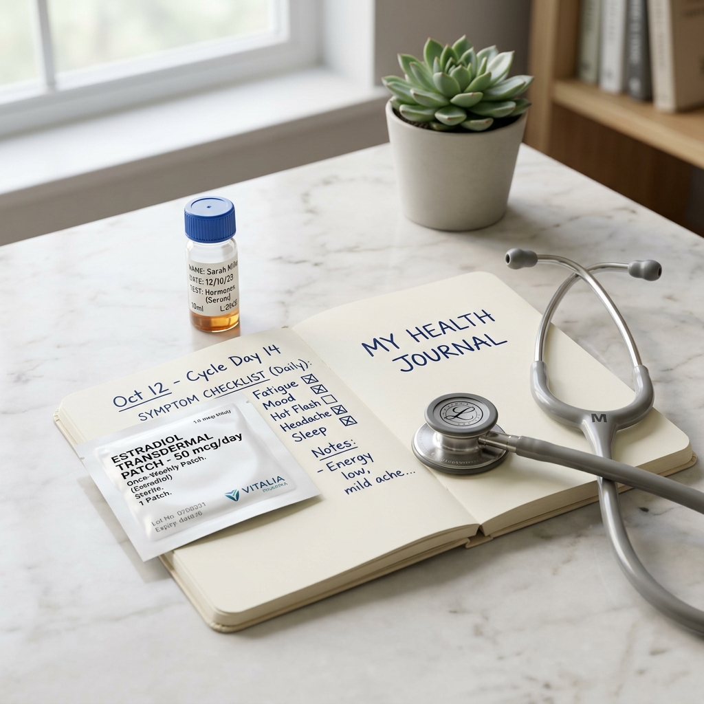 Personal health tracking journal with symptom checklist, estradiol patch package, glass vial, and silver stethoscope on marble desk