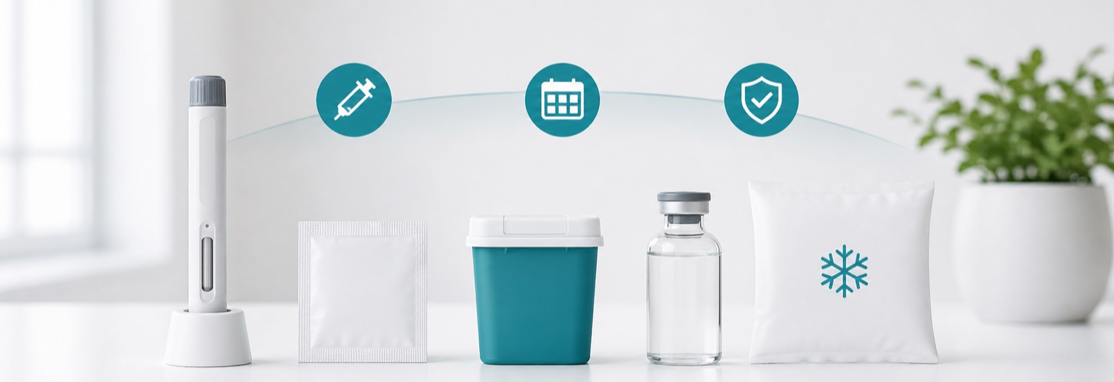 Weight loss injections setup on a clinic desk: injector pen in a stand, alcohol swab, sharps container, vial and cold pack