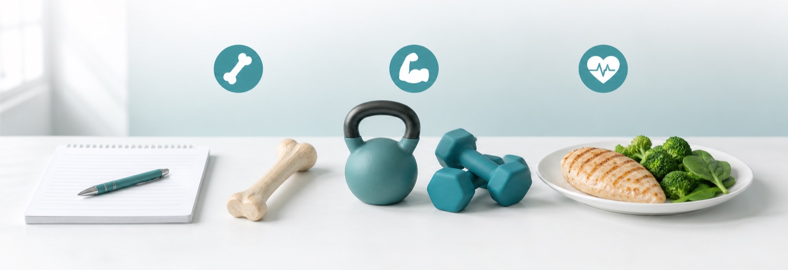 Protecting muscle and bone on weight loss injections: notepad, bone model, kettlebell, dumbbells and a protein and vegetable plate