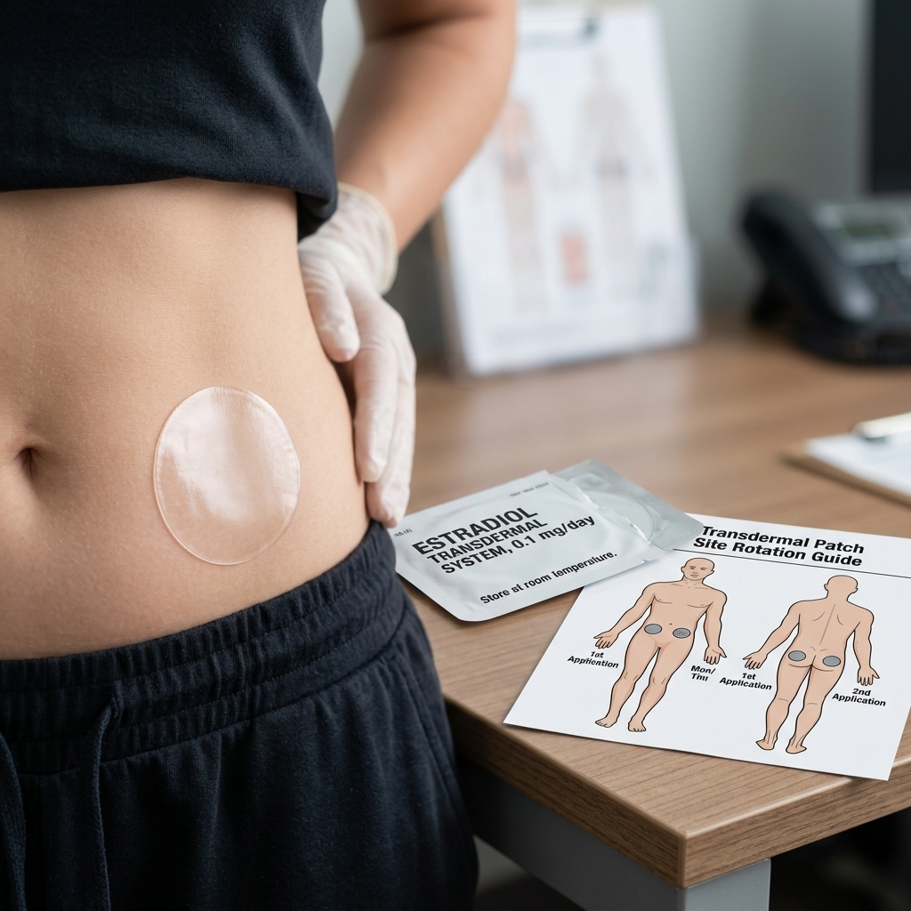 Transdermal estradiol patch applied cleanly to skin next to packaging and site rotation guide paper